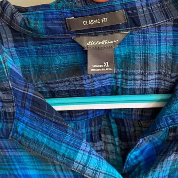 Eddie Bauer Classic Fit Button Up Blue Plaid Cotton Long Sleeve Shirt - Picture 4 of 5